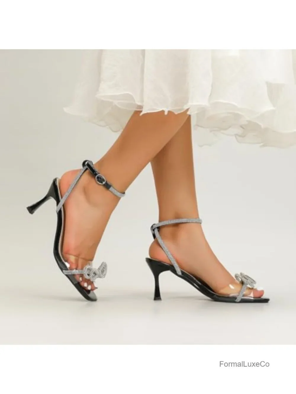 Kitten Heels Rhinestone Bow Strappy Dress Shoes 3 Inch Heel